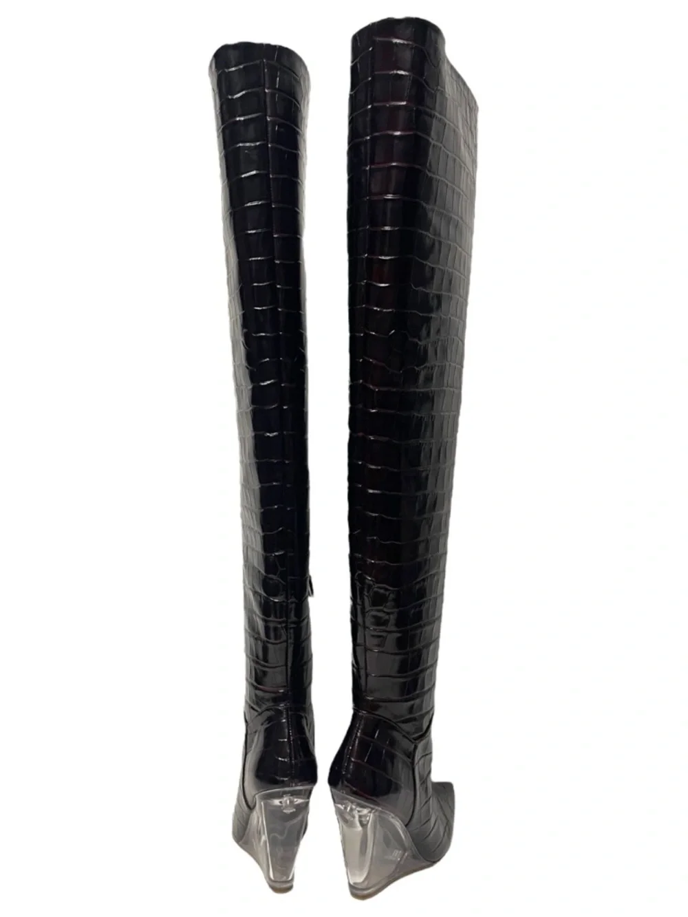 NWT STUART WEITZMAN Lucite 100mm Wedge Croc Embossed Thigh High Boots 7